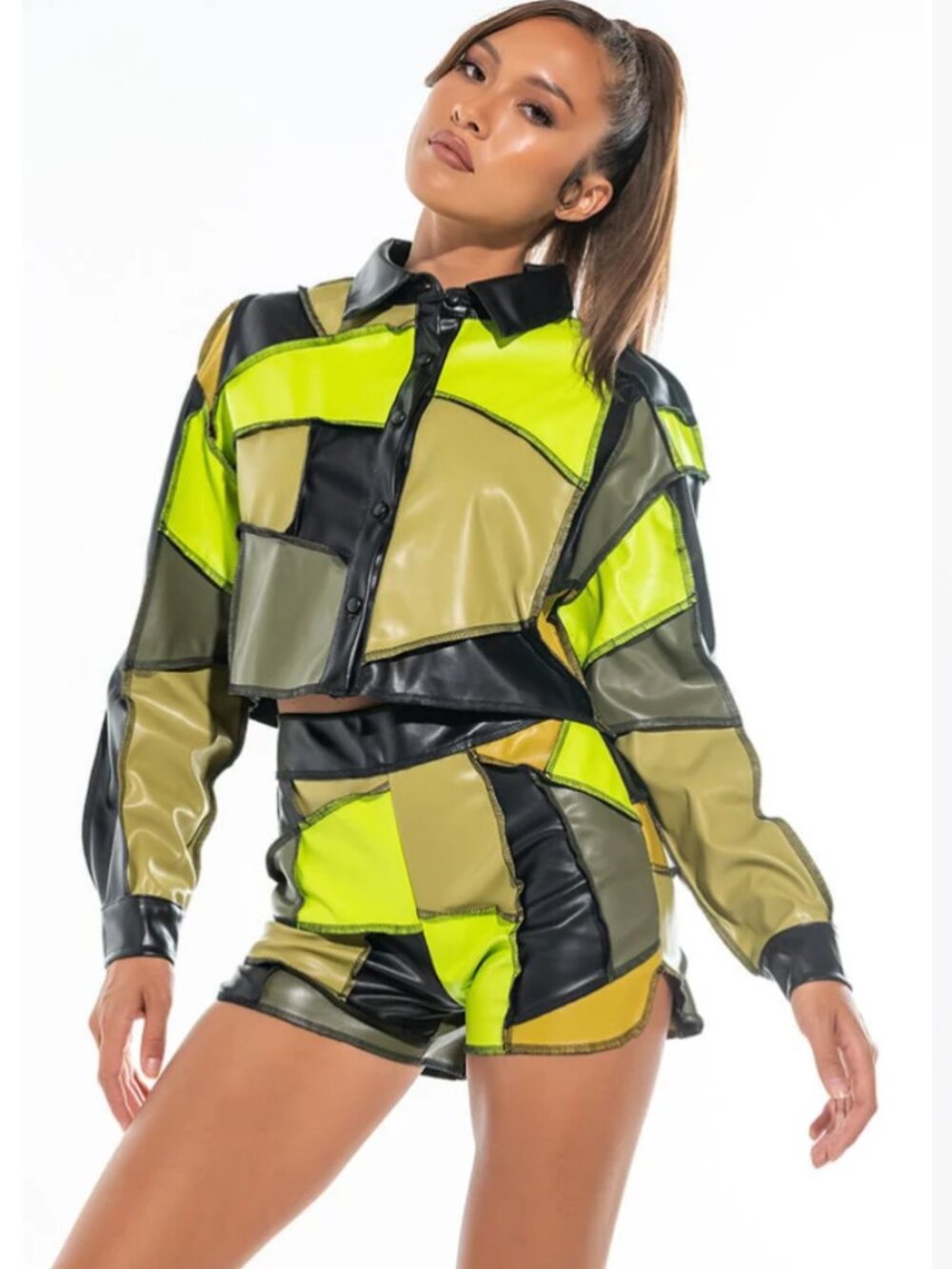 Akira Green Faux Leather Patchwork Button Down Cropped Jacket Size Small